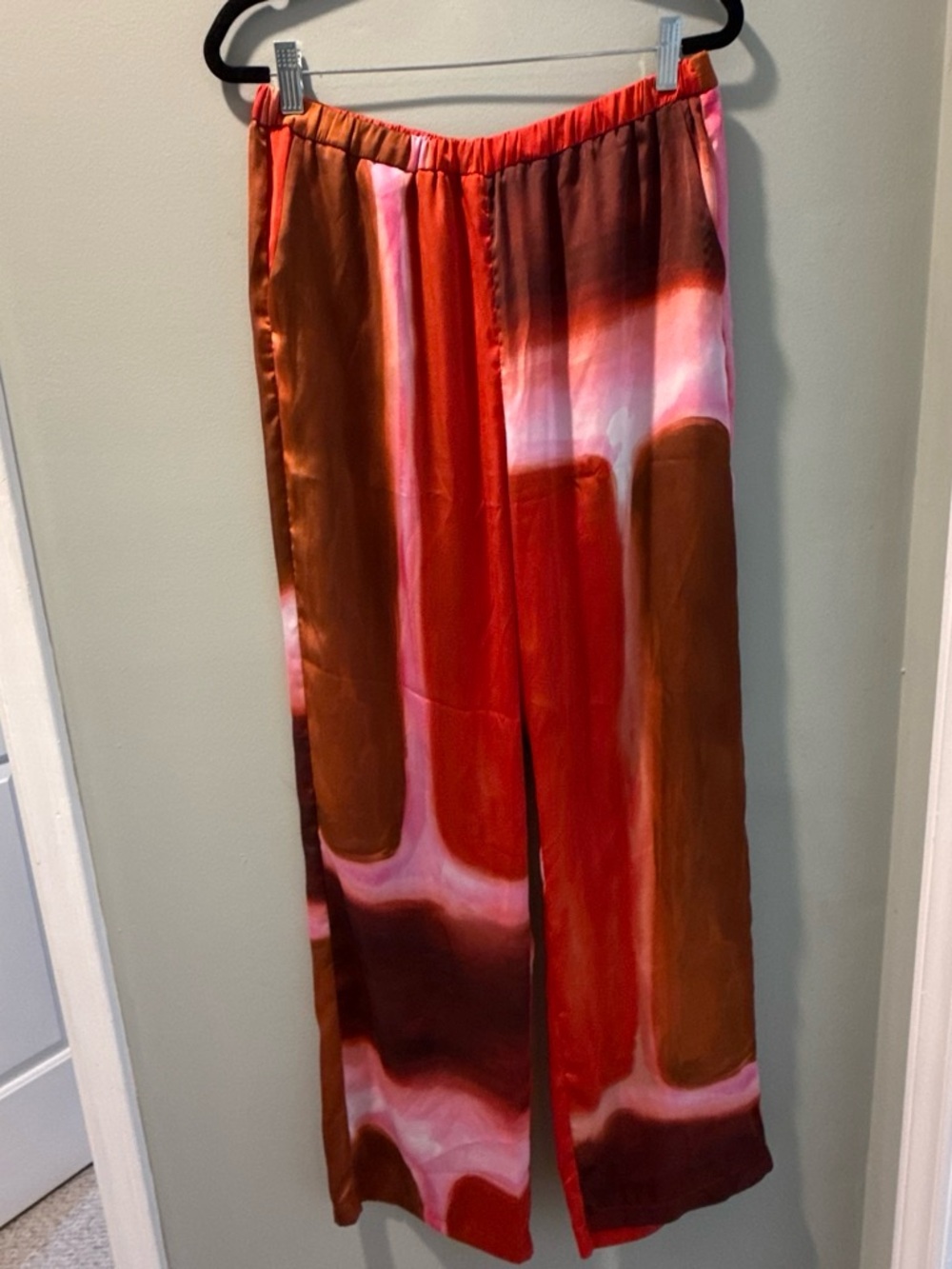 Mango Satin Wide-Leg Pants in Red and Brown